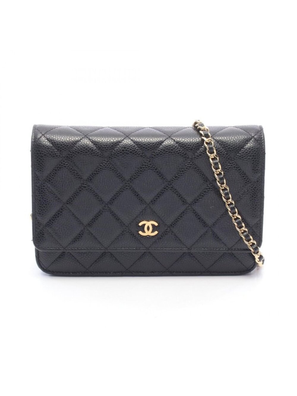 Chanel Shoulder Bag Quilted Black Caviar Leather Chain Wallet